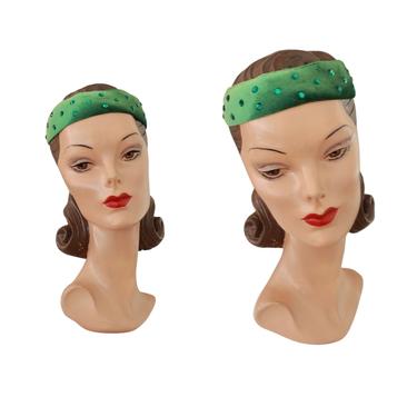 1950s Green Velvet Rhinestone Headband - 1950s Green Headband - 1950s Rhinestone Headband - Vintage Green Headband - 1950s Velvet Headband 