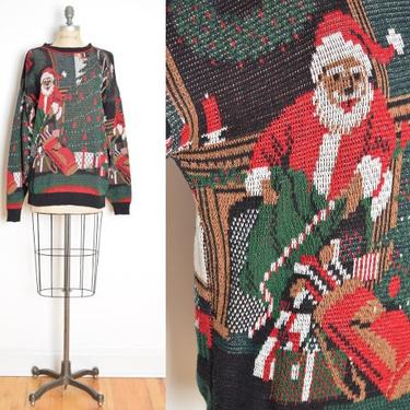 vintage 80s ugly christmas sweater santa claus tree jumper top shirt black L XL clothing holiday 