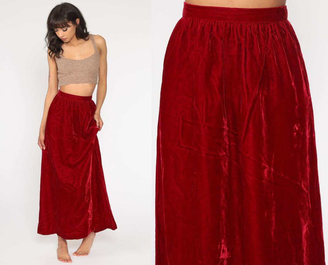 Velvet Maxi Skirt 70s Boho Red Goth Witch Skirt 1970s | Shop