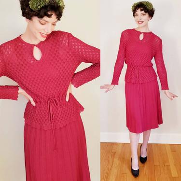 1970s Castleberry Knit Skirt Suit Cranberry Red / 70s Does 30s Burgundy Wine Knit Sweater Tunic Top Matching Pleated Midi Skirt / M / Imogen 