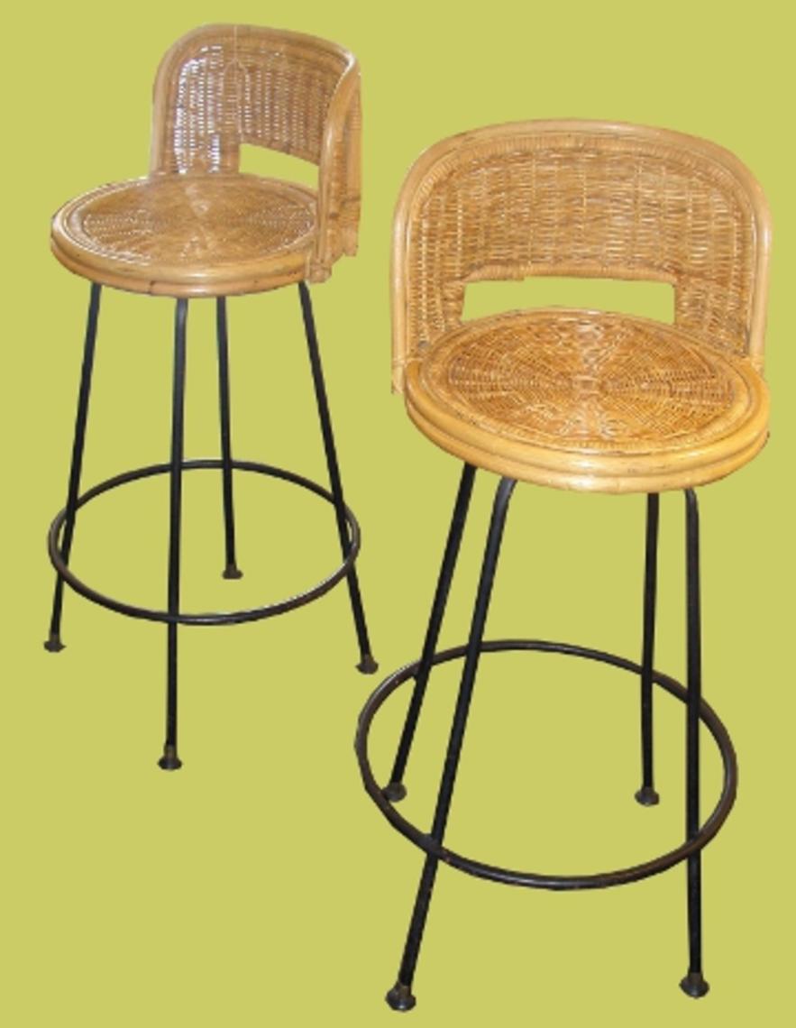 Pair of Rattan Swivel Bar Stools with Wrought Iron Base 350 Hunted