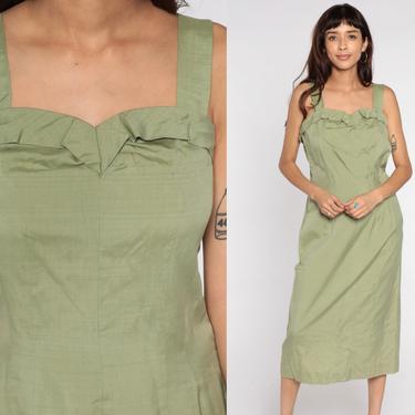 1950s Wiggle Dress Avocado Green Sun Dress Sheath Fitted Dress Tank Sundress 50s Mad Men Midi Summer Pencil Vintage Sleeveless Large 12 