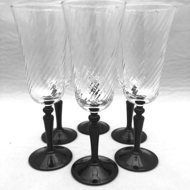 4 Black stem flute champagne glasses French swedding crystal toasting glasses Cristal D'Arques Durand stemware Black & white wedding decor 