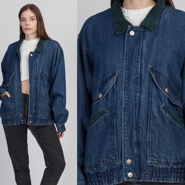 90s Denim Flannel Lined Chore Jacket - Men's Medium | Vintage Corduroy Collar Unisex Jean Jacket 