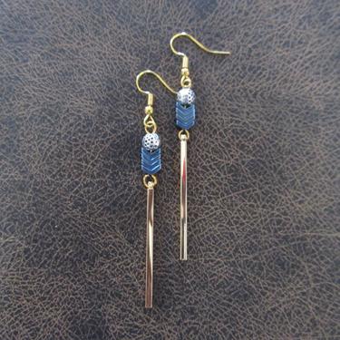 Minimalist earrings, long geometric good earrings, mid century modern earrings, Brutalist earrings, Simple blue hematite earrings 