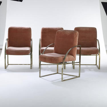 Set of four brass upholstered Milo Baughman for Thayer Coggin chairs 