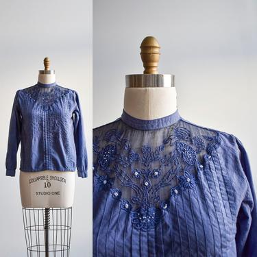 Vintage Blue Cotton Lace Blouse 