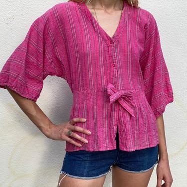 70s Pink Blouse / Pink Indian Cotton Tunic Blouse / Seventies Casual Wear / Summer Blouse / Batwing Sleeves Nipped Waist 