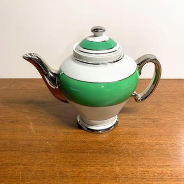 Vintage Hall China McCormick Banquet Teapot Platinum and Green 