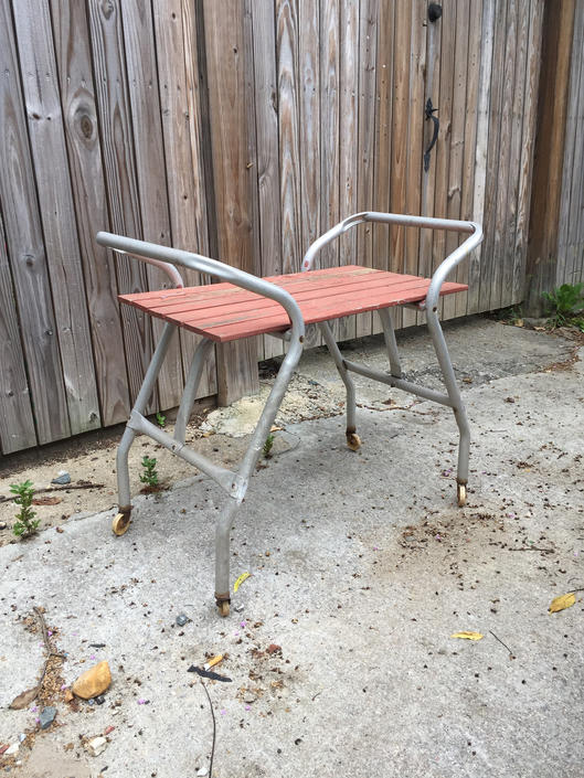 Vintage Patio Aluminum Wood Slat Rolling Cart Bar By