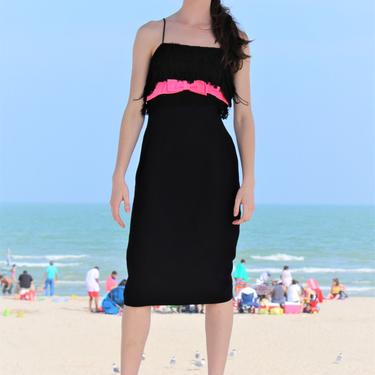 Vintage 1960s Flapper Style Pencil Dress, XS Women, Party Dress, Sleeveless, Black Fringe, Pink Satin Trim 