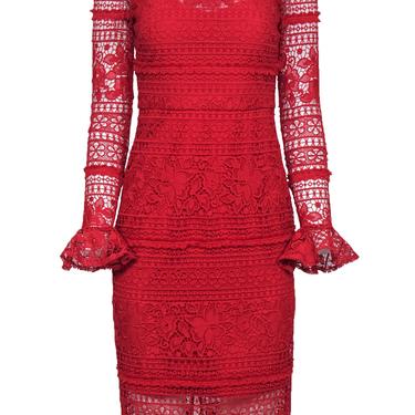 ML Monique Lhuillier - Red Lace Midi Sheath Dress w/ Ruffled Cuffs Sz 0