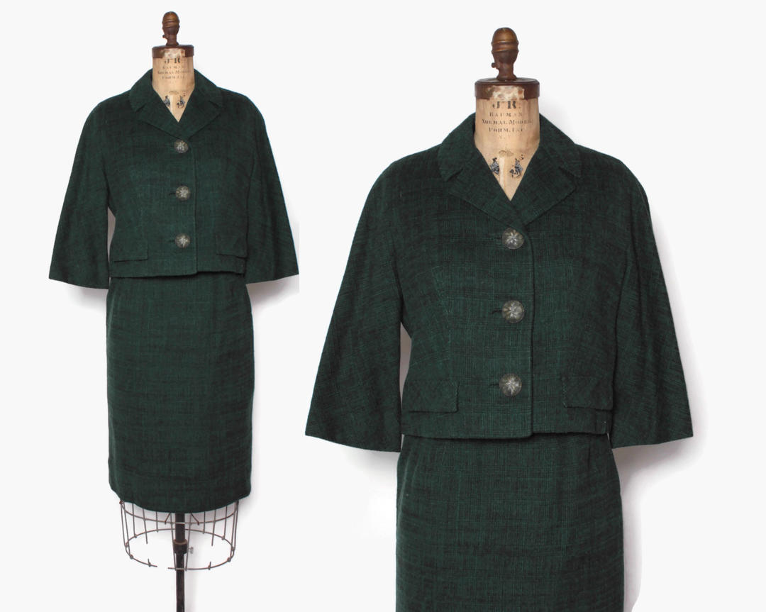Vintage 60s Green Wool Suit / 1960s Forest Green & Black Boxy Lucky