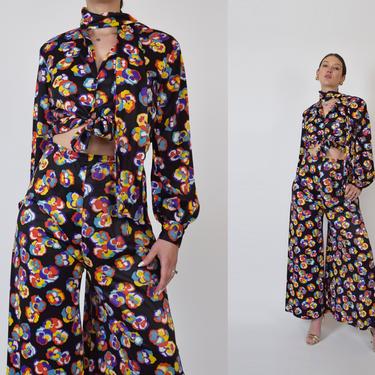 1960's Vintage Palazzo Pant Set | 1960s Floral Palazzo Pant Set | 1960s Palazzo Pants and Shirt Set 
