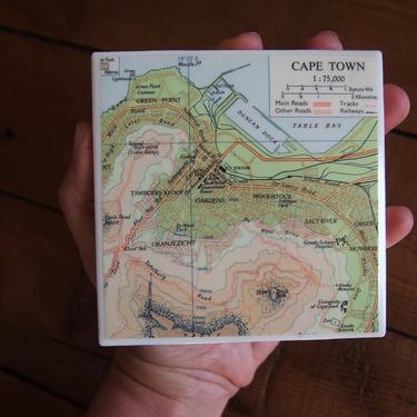 1971 Cape Town South Africa Map Coaster - Ceramic Tile - Repurposed Vintage 1970s Times Atlas - Handmade - African Decor & Travel 