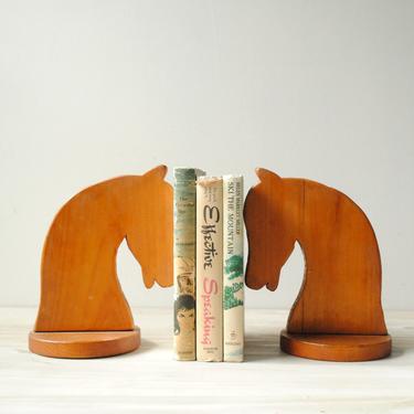 Vintage Horse Bookends, Handmade Wooden Horse Head Bookends 