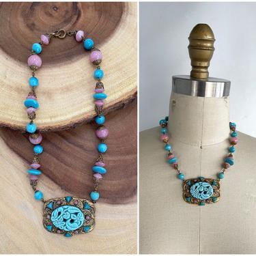 CZECH PLEASE Vintage 30s Necklace | 1930s Czechoslovakian Pink & Blue Glass Beads Carved Pendant | 20s 1920s Jewelry Flapper Art Deco Gatsby 