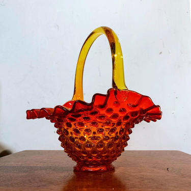 Vintage Fenton Glass Orange Hobnail Amberina Basket 