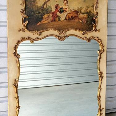 Antique French Provincial Hand Painted Carved Gilt Wood Trumeau Mirror 