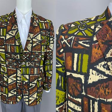 1960s Sandwich Isles Tiki Jacket | Vintage 60s 70s Brown & Olive Print Sport Coat | size 39L 