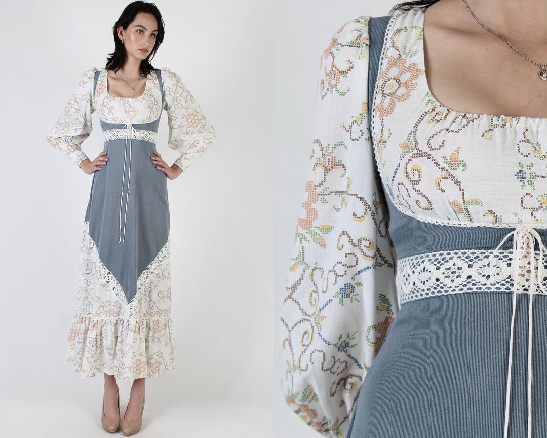 Gunne Sax Blue Corduroy Dress / Vintage 70s Festival Dirndl Maxi ...