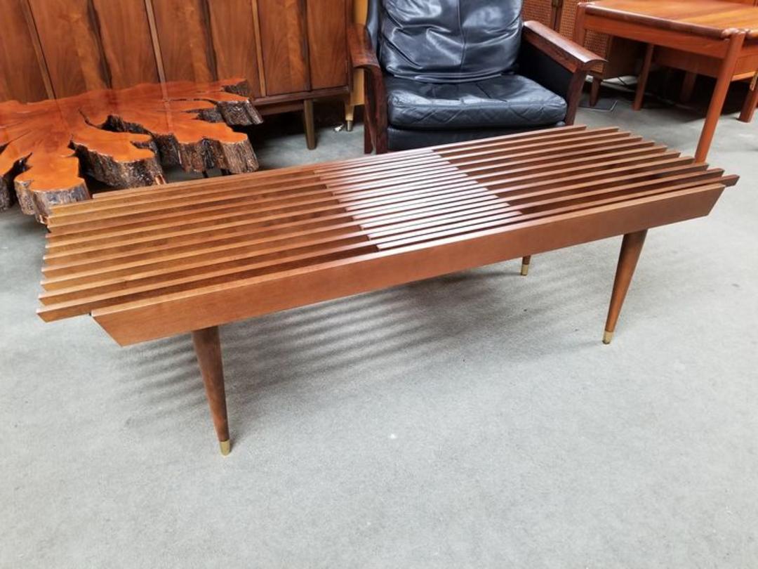 MidCentury Modern expandable slat bench / coffee table Peg Leg