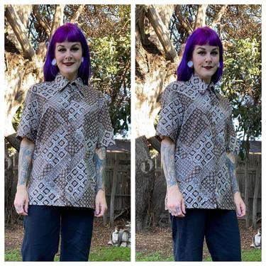 Vintage 1970’s Brown and White Floral Patterned Short Sleeve Shirt 