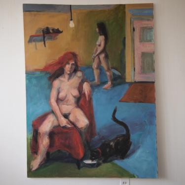 Original Vintage GERRIE CUFF Nude Couple Portrait PAINTING 48x36&amp;quot; Oil / Canvas Large, Mid-Century Modern Art impressionist lesbian eames era 