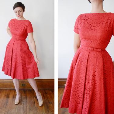 1950s Jeane Scott Red Eyelet Dress - S 