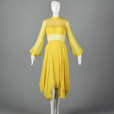 XS Travilla Yellow Chiffon Dress Romantic Formal Dress Summer Evening Dress Vintage 1970s 70s Asymmetric Skirt 
