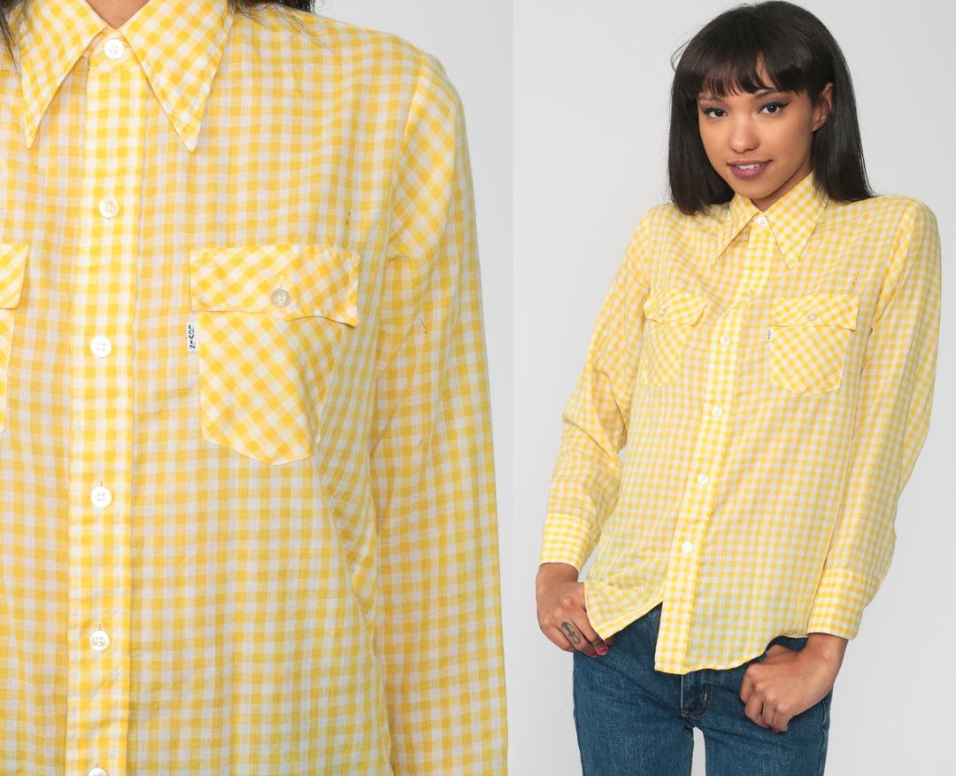 Vintage 1960s Blouse | 60s Checkered Plaid Cotton Short