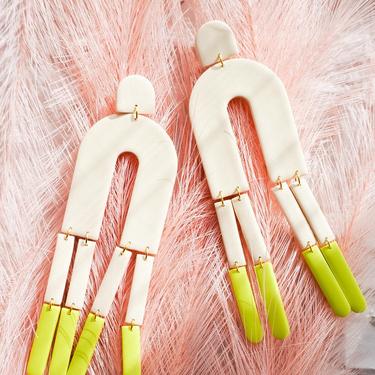 FRINGE in almond + chartreuse // Spring Collection // Polymer Clay // Large Statement Earrings // Dangle and drop // Modern Minimalist 