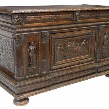 Antique Chest French Carved Wood Oak Judith &amp; Holofernes, 1800s, Beautiful!