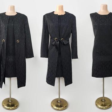 VINTAGE 80s 90s Black Brocade Shift Dress & Jacket Set | 90s does 60s Mod Dress Suit Outfit | 1990s Office Wear | Maggie Sweet Petite Large 