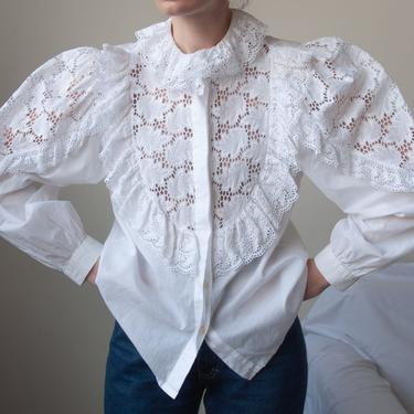 6570t / white cotton embroidered cut out puff sleeve blouse / s / m 