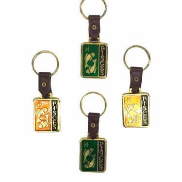 VTG Vintage 90s does 70s Green Enamel Brass and Leather Pisces Zodiac Keychain 