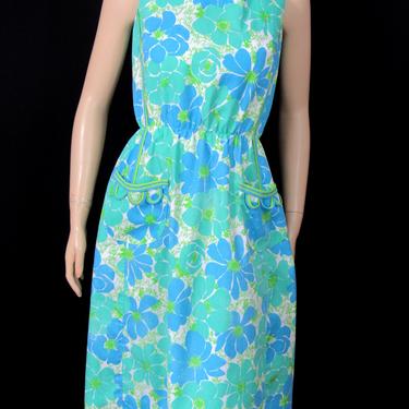 Vintage Lilli Pulitzer Novelty Print Sundress Turquoise Green Florals Water Colors Preppy 70s Resort Wear 