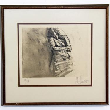 Mid Century Modern Framed Lithograph Print of Nude Signed Aldo Luongo Numbered 