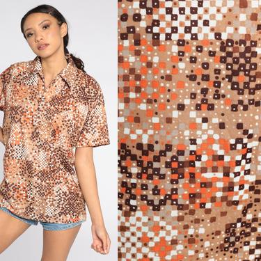 70s Polo Shirt Geometric Shirt Tan Psychedelic Shirt Dagger Collar Boho Top Vintage 1970s Short Sleeve Shirt Orange Brown Medium Large 