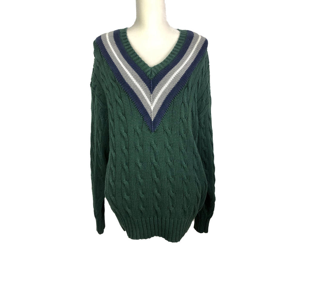 Barrie 90's Vintage 100% good Lambswool Classic V-neck Knit Sweater Forest Green 4XL