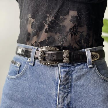 Vintage Black Crocodile Embossed Leather Brighton Belt with  display picture 1