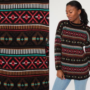 Oversized Geometric Sweater 90s Sweater DIAMOND Print Knit Jumper 80s FUNNEL Neck Hipster Vintage Pullover Black Medium 