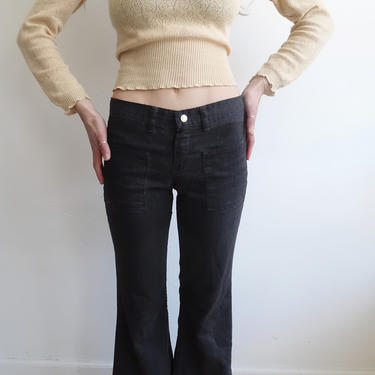 Vintage 70s Black Wrangler Hip Hugger Bell Bottoms/ 1970s Low Rise Black Pants/ Junior/ Size XXS 