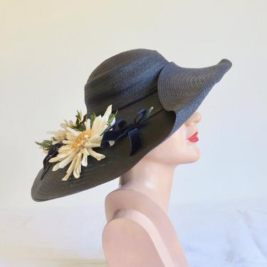 Vintage 1950's Navy Blue Very Wide Brim Sun Hat Large Daisies Velvet Ribbon Bows Portrait Picture Lily Street Miami Beach 50's Millinery 