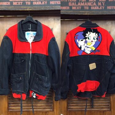 Vintage 1980’s “Too Cute” Label Betty Boop Design Patchwork Jacket, Vintage Denim, Terry Cloth, Novelty, Cartoon, Vintage Clothing 
