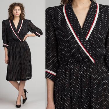 80s Polka Dot Midi Dress - Medium to Large | Vintage Black Striped V Neck Secretary Dress 