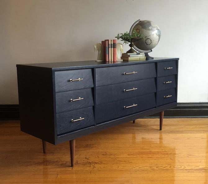 Navy Blue And Wood Mid Century Modern Dresser Vintage Modern Media Console Refinished Mcm Tv Stand Credenza Sideboard Buffet By Ravenswoodrevival From Ravenswood Revival Of Chicago Il Attic