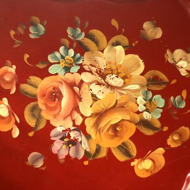 vintage red metal tole tray/hand painted floral 