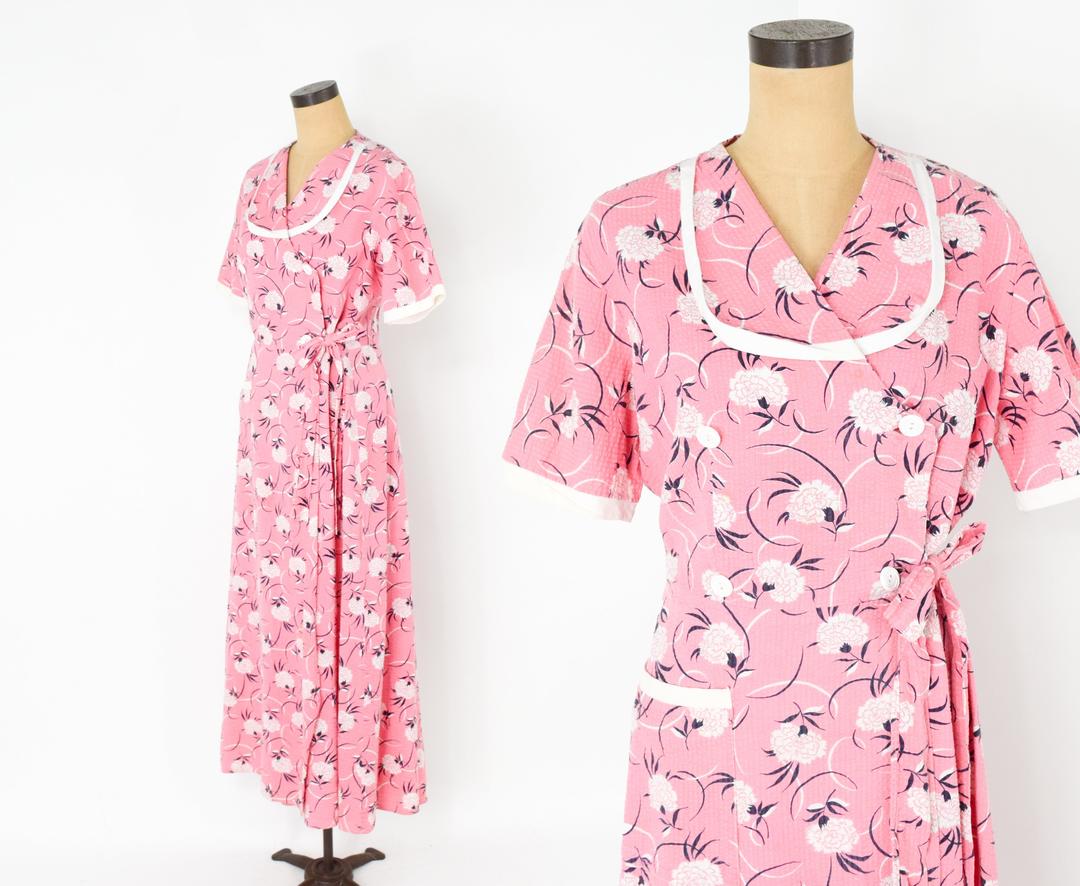 40s Pink Housedress Pink Cotton Robe Pink Floral Dressing Gown Glenna's Clothing