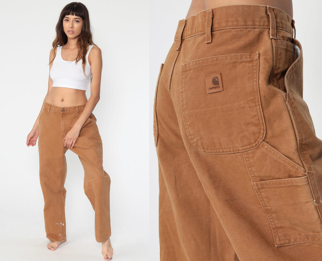80s Carhartt Double Knee Work Pants / Vintage Cotton Canvas High Waist  Carhartt Tan Dungaree Double Front Utility Pants Made in USA 27 X 33 
